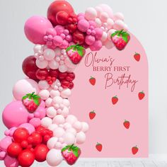 a birthday card with balloons and strawberries in the shape of a strawberry on a pink background