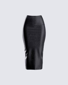 Unleash your inner vixen in this edgy black leather skirt that hugs every curve 🖤 Embrace the power of confidence and let this skirt become your weapon of choice - Complete with an ultra high-waisted fit, midi length, back slit, and a back zipper closure 😏 White Corset Dress, Cut Out Maxi Dress, Confessions Of A Shopaholic, Black Leather Skirt, Vegan Leather Skirt, Rhinestone Top, Mesh Maxi Dress, White Corset, Black Leather Skirts