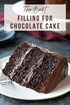 a slice of chocolate cake on a plate with the words, the best filling for chocolate cake