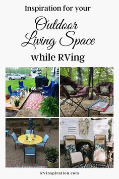 an advertisement for outdoor living space while rving is on the ground with chairs and tables