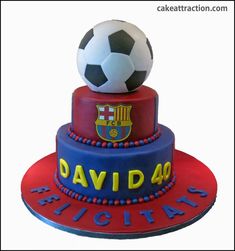 a three tiered cake with a soccer ball on top