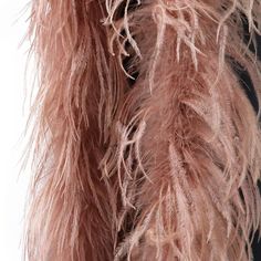 the back of a woman's fur coat with long, pink feathers on it