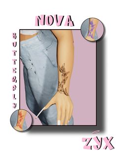 a woman's arm with tattoos on it and the words nova next to her