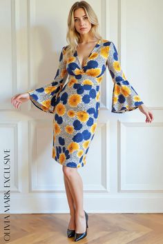 Olivia Mark - Elegant Vibrancy: Bell Sleeve Floral Midi Dress Blue Midi Dress, Blue And Yellow, Floral Midi Dress, Sun Kissed, Yellow Floral, Olivia Mark, White Polka Dot, Bell Sleeve, Midnight Blue