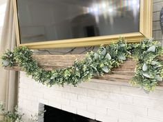 a fireplace with a mirror and some plants on it