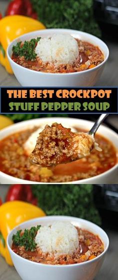 the best crockpot stuffed pepper soup is in two bowls and ready to be eaten