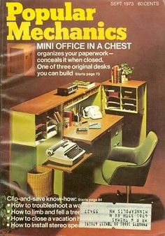 an advertisement for the popular mechanics office in a chest, featuring a computer desk and chair