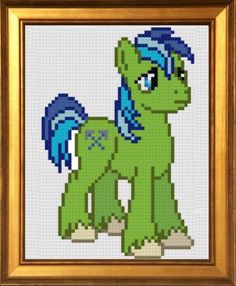 a cross stitch picture of a green pony with blue manes on it's head