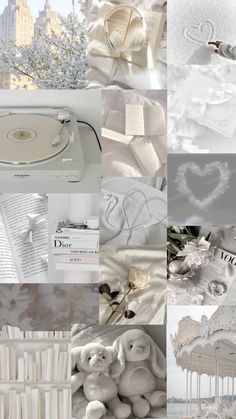 a collage of white and silver wedding decorations, books, flowers, and other items