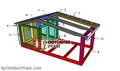 the plans for a small chicken coop are shown in red, yellow and green colors