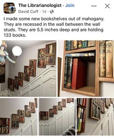 there are many bookshelves on the wall and behind them is a book shelf