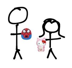 two stick figures with hello kitty and spiderman on them