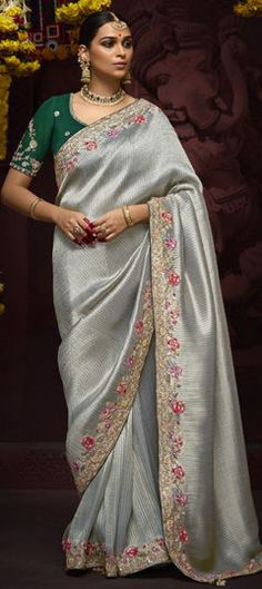 Silver color Saree in Silk fabric with Embroidered, Resham, Sequence, Thread, Weaving, Zari work Punjabi Wedding Dress, Thread Weaving, Grey Saree, Traditional Silk Saree, Bollywood Dress, Indian Designer Sarees, Wedding Silver, Plus Size Gowns, Heavy Work