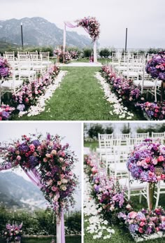 an outdoor ceremony with flowers and chairs