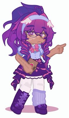 a cartoon girl with purple hair and glasses holding a baseball glove in her hand, while wearing