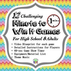 a colorful poster with the words, 12 minutes to win it games for high school and adults