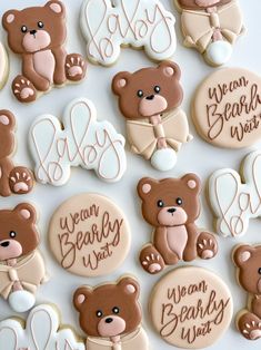 decorated cookies with teddy bears and words on them