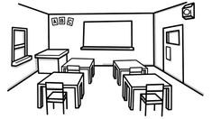 an outline drawing of a classroom with desks, chairs and a projector screen