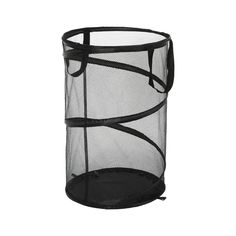 a black mesh trash can on a white background