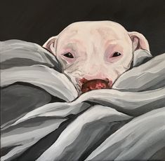 a painting of a white dog peeking out from under the covers with his tongue sticking out