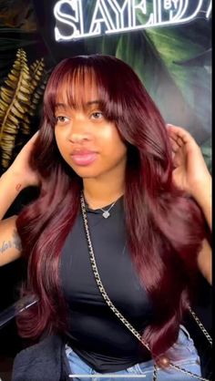 Copper Wig With Bangs, Red Bang Wig Black Women, Red Wig With Bangs Black Women, Burgandy Wig Hairstyles For Black Women, Dark Red Wig For Black Women, India Royale Hair Styles, Bombshell Bangs, Red Bang Wig, Burgundy Wig Hairstyles