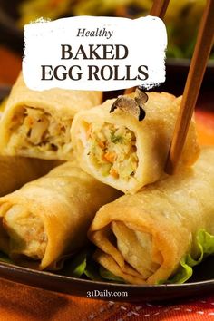 healthy baked egg rolls on a plate with chopsticks in the middle and text overlay reading healthy baked egg rolls