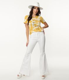 Bring in that retro flare, dolls! These striking jeans are crafted in a striking white stretch cotton and boast a fabulous high waist silhouette. The dramatic flare legs are accented with front pleated seam detailing that elongates your legs, while the waist is cinched with a classic front zipper and button. Complete with back pockets!Available in sizes S-L while supplies last Denim Flare Jeans, Denim Flares, White Denim, Front Zipper, Flare Jeans, Stretch Cotton, Unique Vintage, Zipper, High Waisted