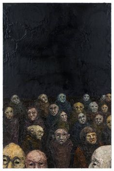 an abstract painting of many people with faces painted in different colors and sizes on black paper