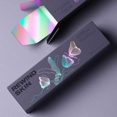 the packaging for rewind skin is designed to look like it has butterflies on it