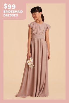 This sweet ruffle-sleeved dress is a dream for a junior bridesmaid. This design features a waistband tie in back for juniors who are between sizes. Older Flower Girl, Taupe Bridesmaid, Taupe Bridesmaid Dresses, Bridesmaid Dress Chiffon, Bridesmaid Dressing Gowns, Birdy Grey, Cute As A Button, Dress Chiffon, Dresses For Wedding