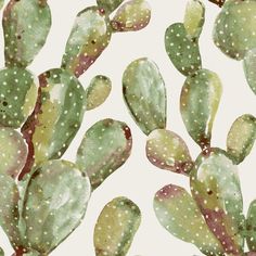 a watercolor painting of green and white cactus plants with dots on them, all in the same pattern