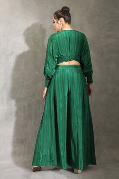 Green top with elasticated hem and all over dhari prints. Paired with coordinating inverted pleated pant. - Aza Fashions Festive Fitted Sets With Blouson Sleeves, Green Printed Sets For Navratri, Pleated Pant, Pant For Women, Pant Women, Round Neck Top, Women Kurta, Green Top, Round Neck Tops