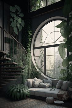 a living room filled with lots of plants next to a spiral stair case in front of a window