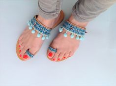 BEFORE ORDER MESSAGE ME BECAUSE WE ARE ON HOLIDAY MOODBoho Sandals, Ethnic Sandals, Hippie Sandals, Greek Sandals, Pom Pom Sandals, Party Look Amazing handmade boho leather sandals Vivid summer colors are a mood booster! Blue is a summer color that make you dream on holidays and sea! It's the ideal pair of shoes when you can not carry many things with you because really matches any outfit and style! It's the perfect bohemian addition to your wardrobe! These light blue sandals are very easy to we Adjustable Toe Ring Sandals For Summer, Bohemian Toe Post Sandals For Vacation, Handmade Flat Adjustable Sandals, Handmade Adjustable Flat Sandals, Bohemian Leather Barefoot Sandals For Summer, Bohemian Multicolor Huarache Sandals For Summer, Bohemian Multicolor Huarache Sandals For Festivals, Bohemian Beaded Sandals For Vacation, Turquoise Open Toe Bohemian Sandals