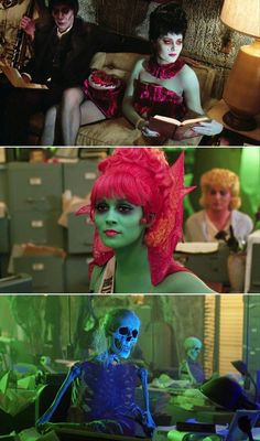 three different pictures of people with green hair and blue skin, one in red wig