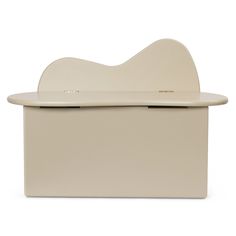 a white plastic box with a curved lid on the top and bottom, sitting in front of a white background