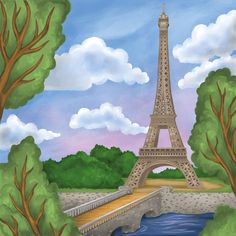 a painting of the eiffel tower in paris, france with trees surrounding it