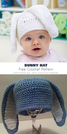 a baby wearing a crochet bunny hat with the words bunny hat free crochet pattern