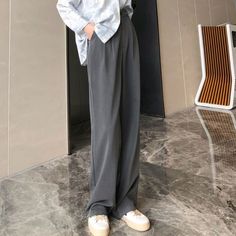 Pants Women Elegant Full Length Casual High Waist Trouser Office Temperament Autumn Pockets Korean Style All-match Female Cozy Gray Solid Color Winter Bottoms, Gray Baggy Straight Pants, Gray Wide Leg Pants For Fall Loungewear, Gray Baggy Pants For Workwear, Fall Loungewear: Gray Wide Leg Pants, Plain Gray Casual Pants, Casual Gray Plain Pants, Full Length Gray Pants For Fall, Gray Full Length Pants For Fall