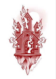 a red and white drawing of a church with flames coming out of it's steeple