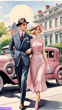 a painting of a man and woman walking in front of an old pink car on the street