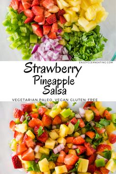 the ingredients for this strawberry pineapple salsa are arranged in three separate sections, including strawberries, celery, and red onion