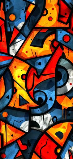 an abstract painting with many colors and shapes