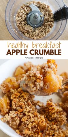 an apple crumble is being spooned into a bowl