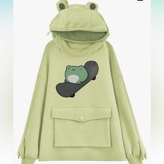 Cute Skateboarding Frog Zipper Hoodie Sweatshirt, Juniors Xs. New Without Tags. Hood Has Frog Mouth Zipper Closure And Eyes On Top. Front Snap Pocket. Long Sleeves With Frog Leg Accents. Soft And Comfortable Fleece. Fun For School Or After School, Cosplay, Or Halloween. Size Xs Fits Bust 37”, Length 24”, Sleeve Length From Shoulder Seam 18”. Cosplay Workout, Unique Sweatshirts, Zipper Mouth, Frog Eyes, Frog Hoodie, Kawaii Hoodies, Leggings Shorts, Women Sweatshirt, Casual Cosplay