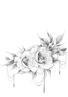 black and white drawing of three roses on a white background, with leaves around the edges