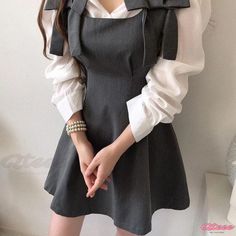 Qteee - Elevated Ensemble: Lapel Shirt with Bow Knot and Suspender Dress Set Suspenders Skirt, Puff Sleeve Shirt, Bow Knot, Suspender Dress, Dress Set, Gray Skirt, Ear Warmers, Two Piece Outfit, White Shirt