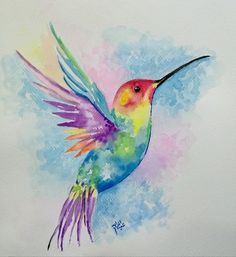 a watercolor painting of a colorful hummingbird