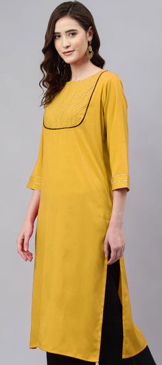 Casual, Party Wear Yellow color Blended fabric Kurti : 1883298 Eid Cotton Kurta With Embroidered Neckline, Elegant Yellow Kurta With Mirror Work, Eid Cotton Sets With Embroidered Neckline, Spring Party Kurta With Mirror Work, Party Straight Kurta With Embroidered Neckline, Party Kurta With Embroidered Neckline, Elegant Cotton Kurta For Party, Party Kurta With Embroidered Border For Diwali, Diwali Party Kurta With Embroidered Border