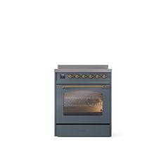 an oven with the door open and its light on, in front of a white background